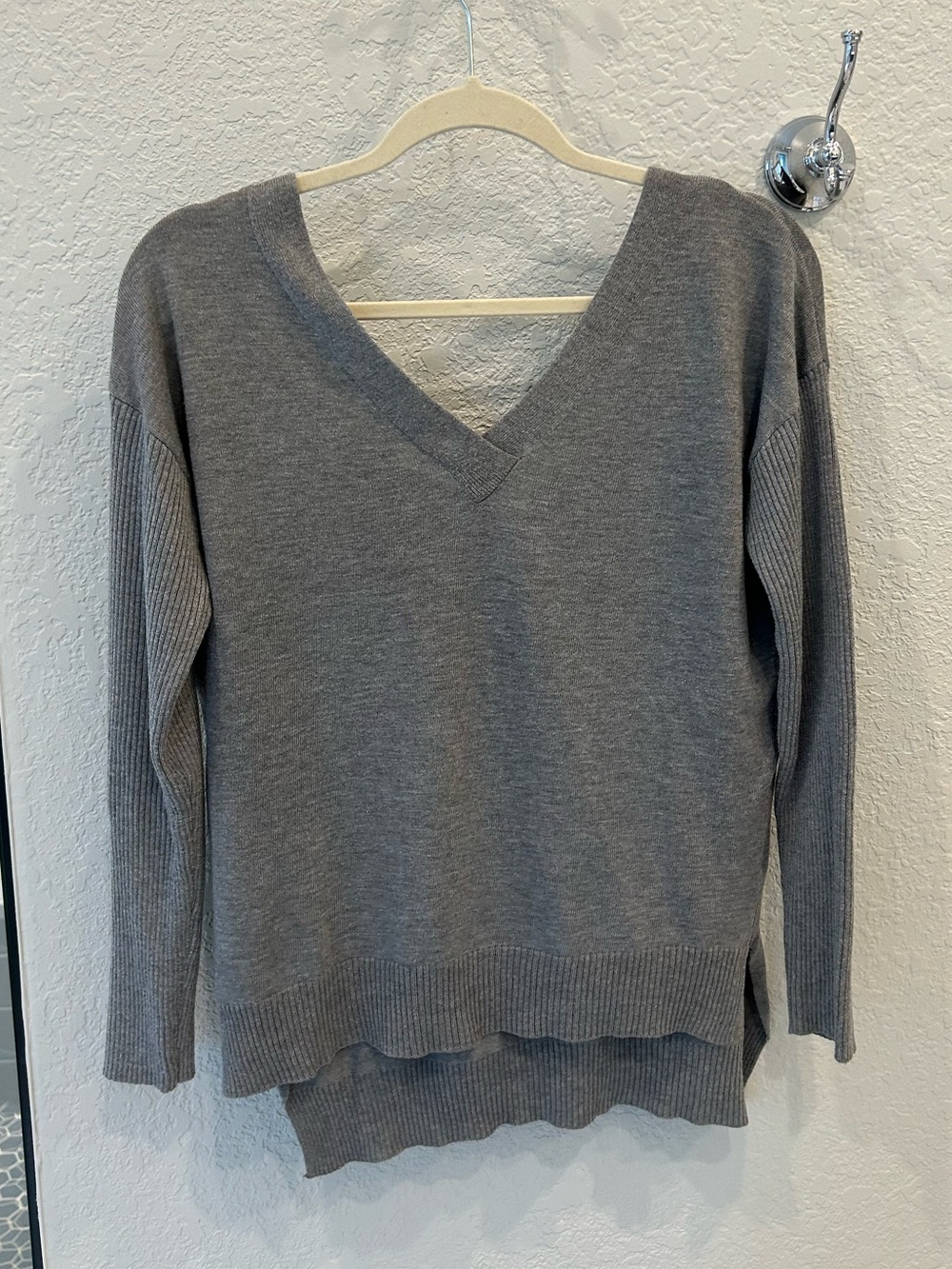 Poof! Gray V-Neck off the shoulder Sweater with Ribbed Sleeves